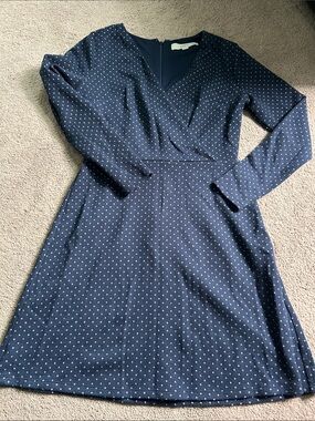 LOFT Navy Polka Dot Long-Sleeve Dress